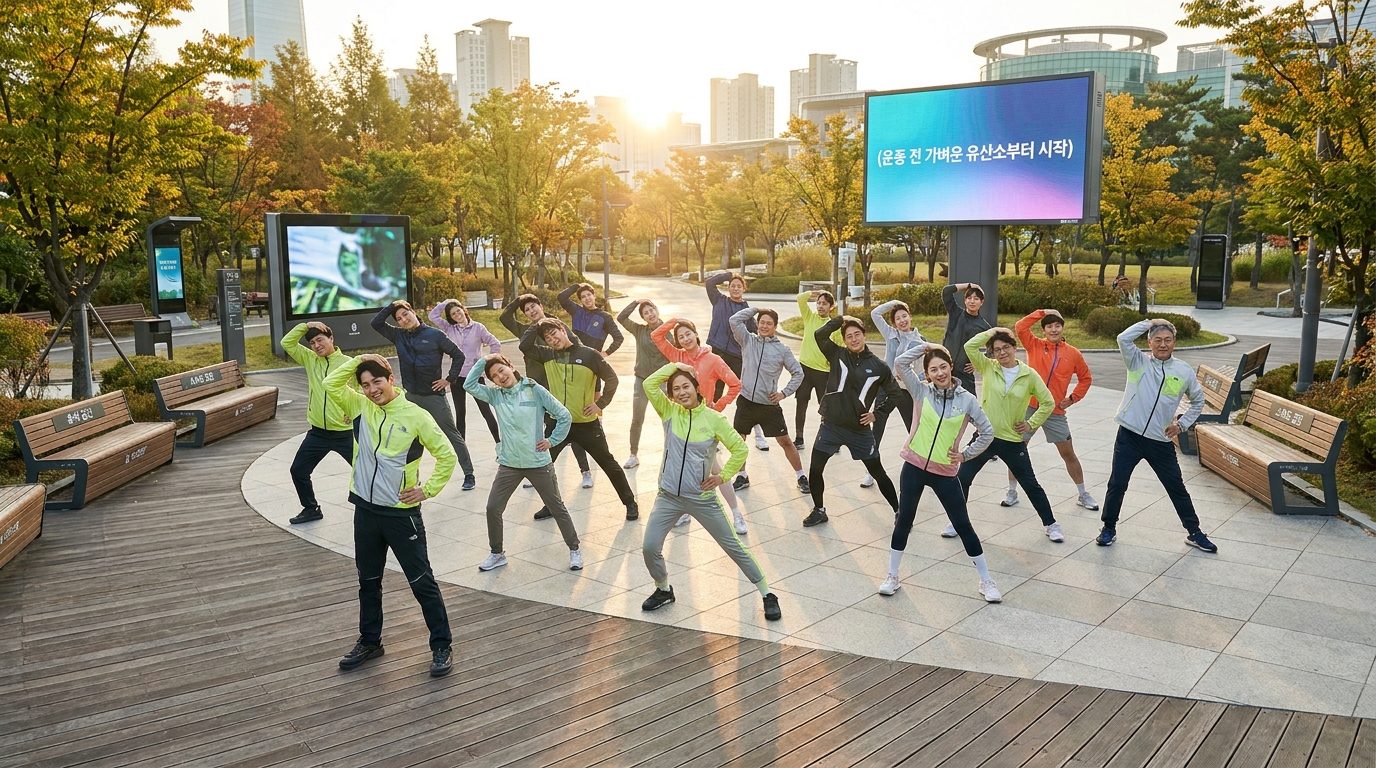 현대 한국 도시 공원에서 동적 스트레칭과 가벼운 유산소로 워밍업 하는 다양한 한국인들