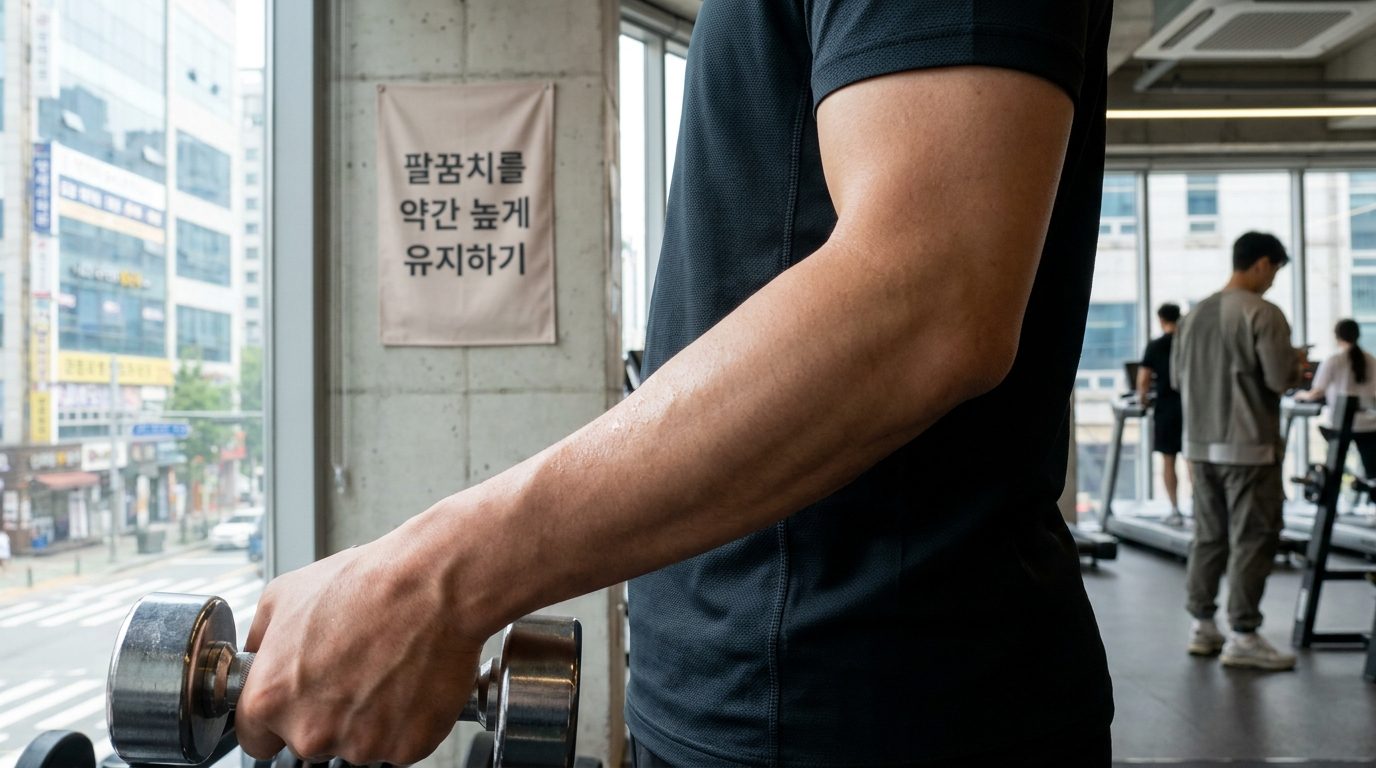 팔꿈치를 손목보다 약간 높게 유지하는 올바른 운동 자세의 클로즈업