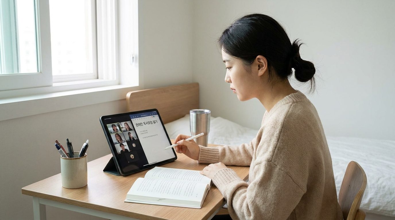 온라인 독서모임에 참여하며 태블릿으로 필기하는 젊은 한국 여성의 실사 이미지.