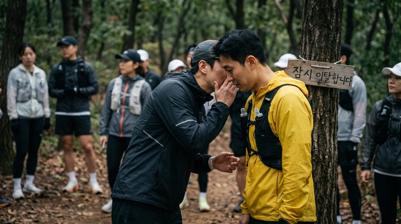 도심 트레일에서 이탈을 알리는 신호를 주고받는 한국 러너들의 친밀한 모습