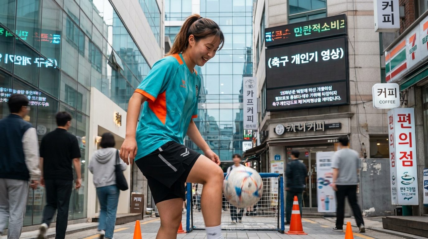 풋살 숏폼: 좁은 도시 공간에서 축구화를 신고 볼을 능숙하게 다루는 한국 여성 축구 선수의 모습, 주변은 현대적이고 깨끗한 한국 거리 풍경이 배경이다.