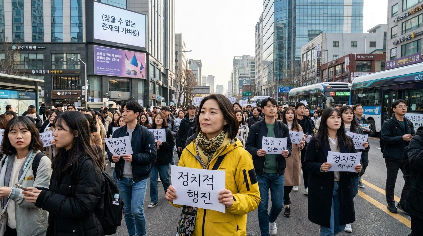 정치적 행진에 참여하며 사색에 잠긴 밝은 옷차림의 한국 여성과 다양한 연령대 시민들