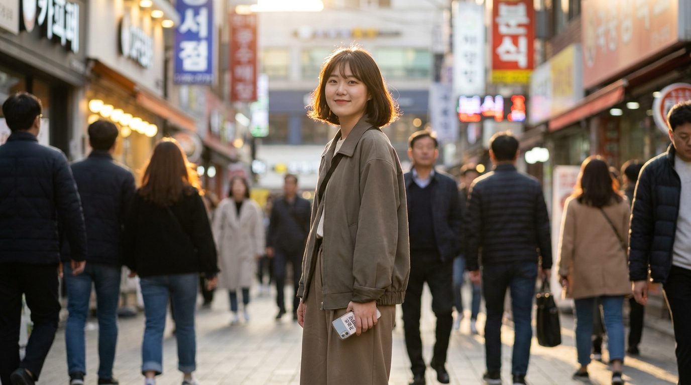 한국 도시 거리에서 걷고 있는 젊은 한국 여성의 모습과 스마트폰 화면에 보이는 한글 문구(오늘도 파이팅)