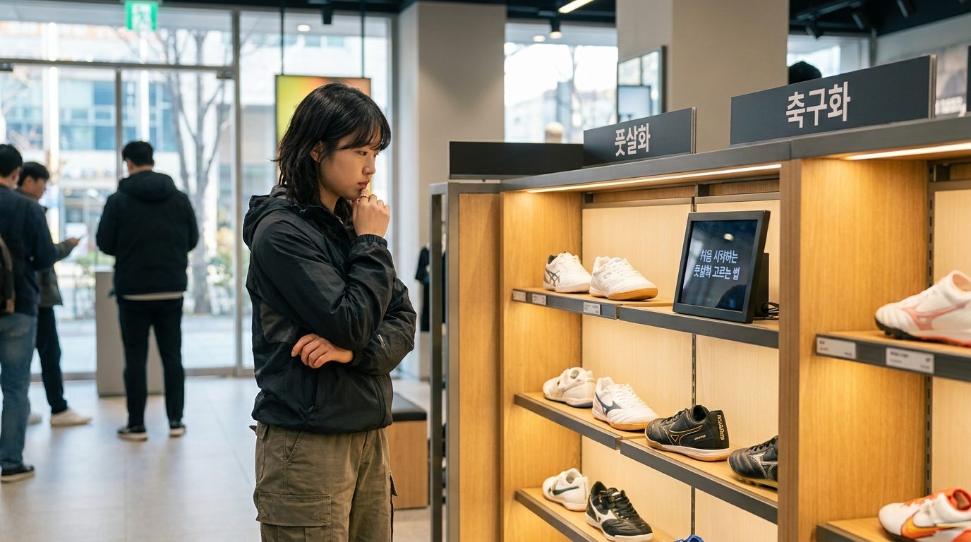 입문용 여자 풋살화: 풋살화를 고민하는 젊은 한국 여성의 모습과 한국 스포츠 매장 내부 전경
