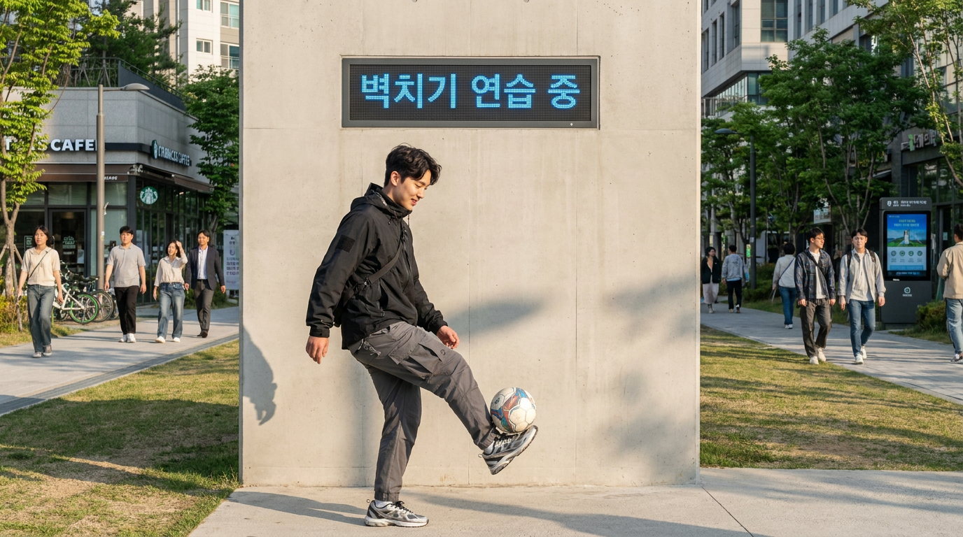 풋살 패스 연습: 도심 공원에서 혼자 벽에 공을 차는 현대적인 한국인 청년 모습, 깨끗한 콘크리트 벽과 한국어 글자가 보이는 전광판 배경