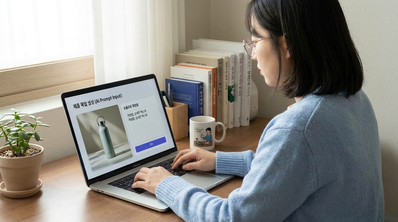 AI 제품 목업 제작 과정을 보여주는 한국 디자인 전문인의 실사 이미지
