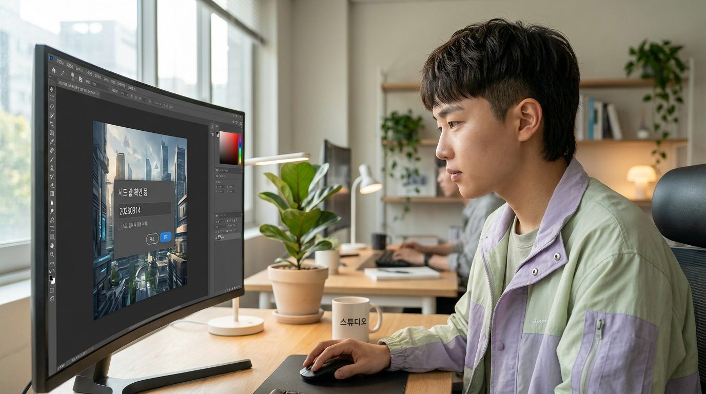 AI 시드 고정: 한국의 현대 스튜디오에서 AI 이미지 생성 프로그램을 사용하는 모습, 컴퓨터 화면에 시드 값이 보임