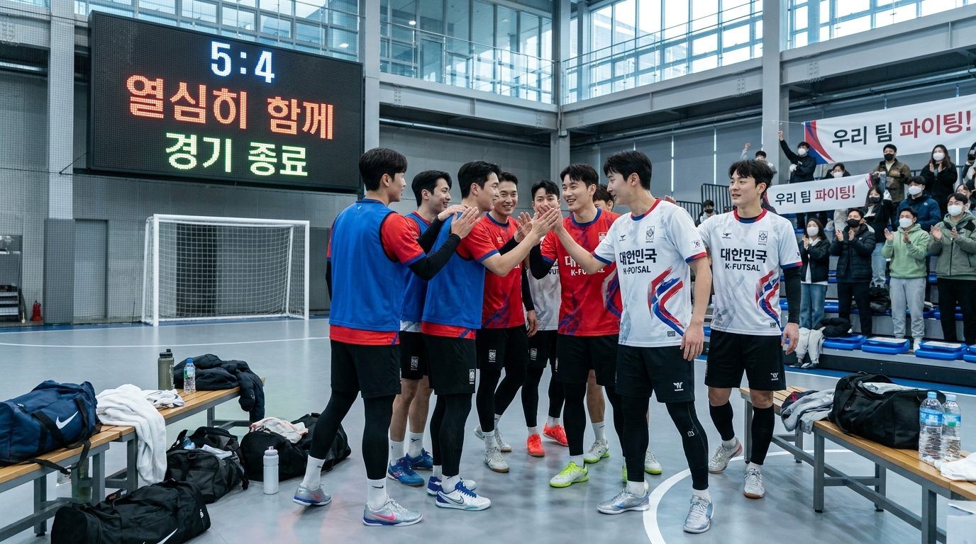 풋살 경기 후 팀원들이 하이파이브하며 서로 격려하는 활기찬 한국 풋살팀 모습