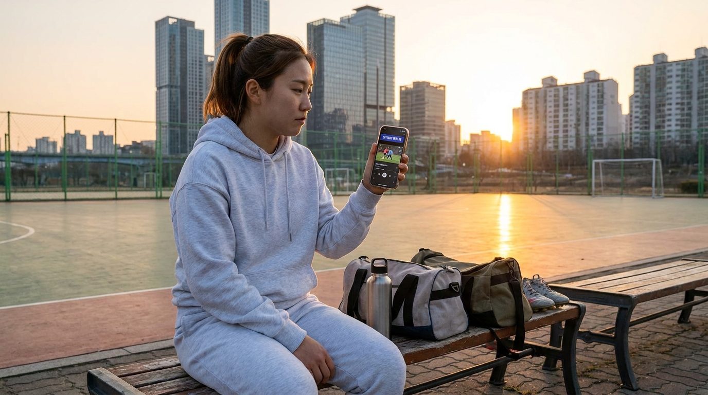 경기 후 스마트폰으로 영상 피드백을 하는 여성 선수, 일몰 시간대 야외 풋살 코트 옆에서 집중하는 모습