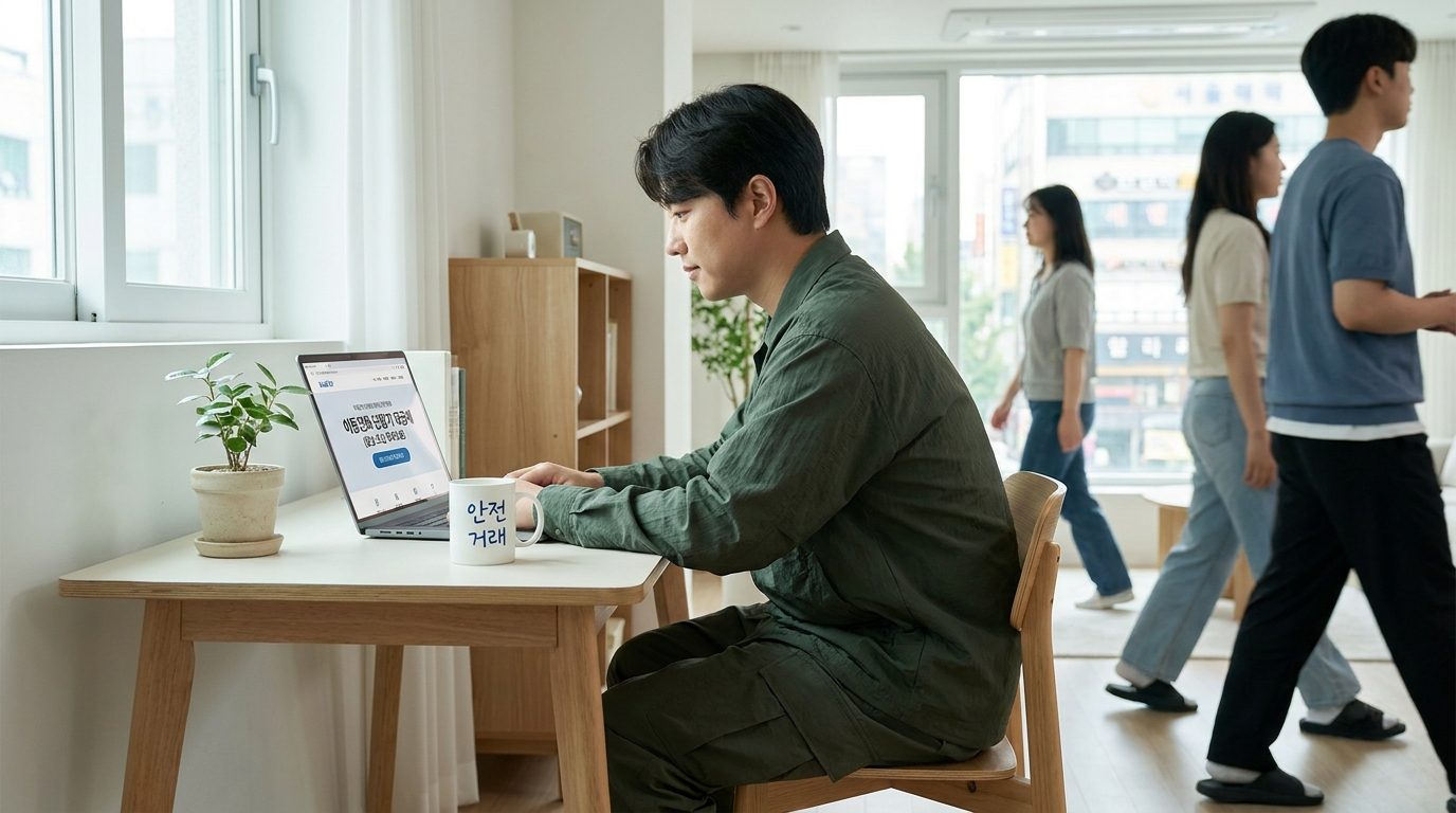 한국인의 현대적인 공간에서 노트북 화면에 한국 공식 사이트 imei.kr이 보이고 분실 도난 조회중인 모습