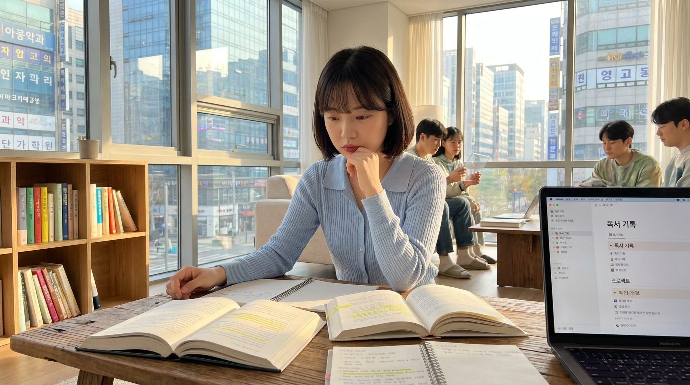 노션 포트폴리오: 따뜻한 자연광이 비치는 현대적인 거실에서 파스텔 톤 블라우스를 입은 젊은 한국 여성 독자가 노션 대시보드를 보며 책과 인상 깊은 문장을 되돌아보고 있는 모습
