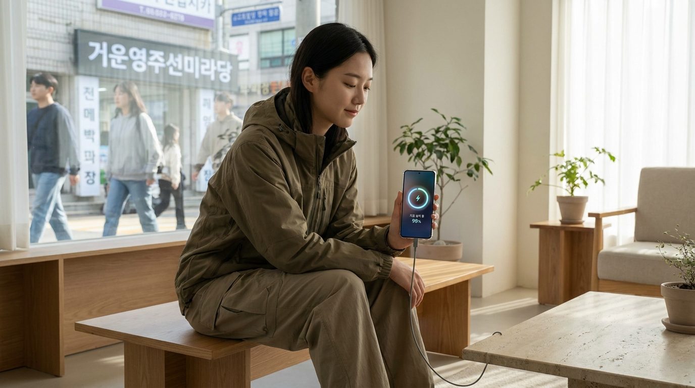 스마트폰 업데이트 설치 중 차분히 기다리는 젊은 한국 여성