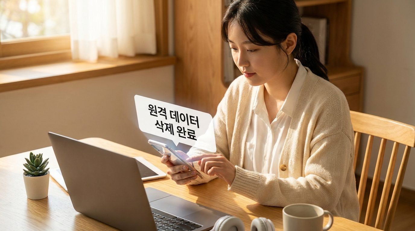 가정용 사무실에서 원격 데이터 삭제를 완료하는 한국 여성