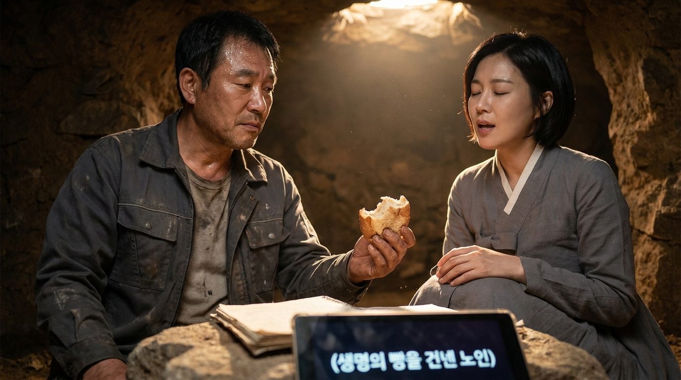 지하 동굴에서 빵을 건네는 한국인 노동자와 노래하는 여성 모습