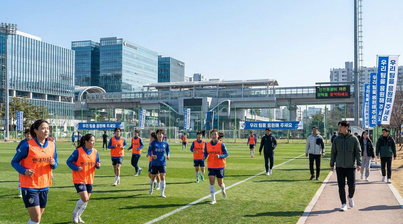 여성 축구선수들이 협찬사 로고가 명확히 보이는 유니폼을 입고 운동장에서 훈련하는 모습