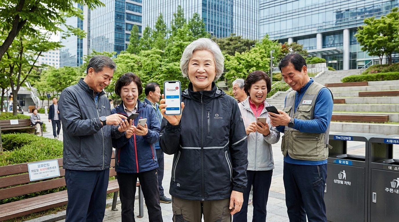 건강보험공단 어플: 한국의 현대적인 도시 공원에서 'The건강보험' 앱을 스마트폰으로 사용하는 중장년 한국인들이 밝게 웃고 있는 모습