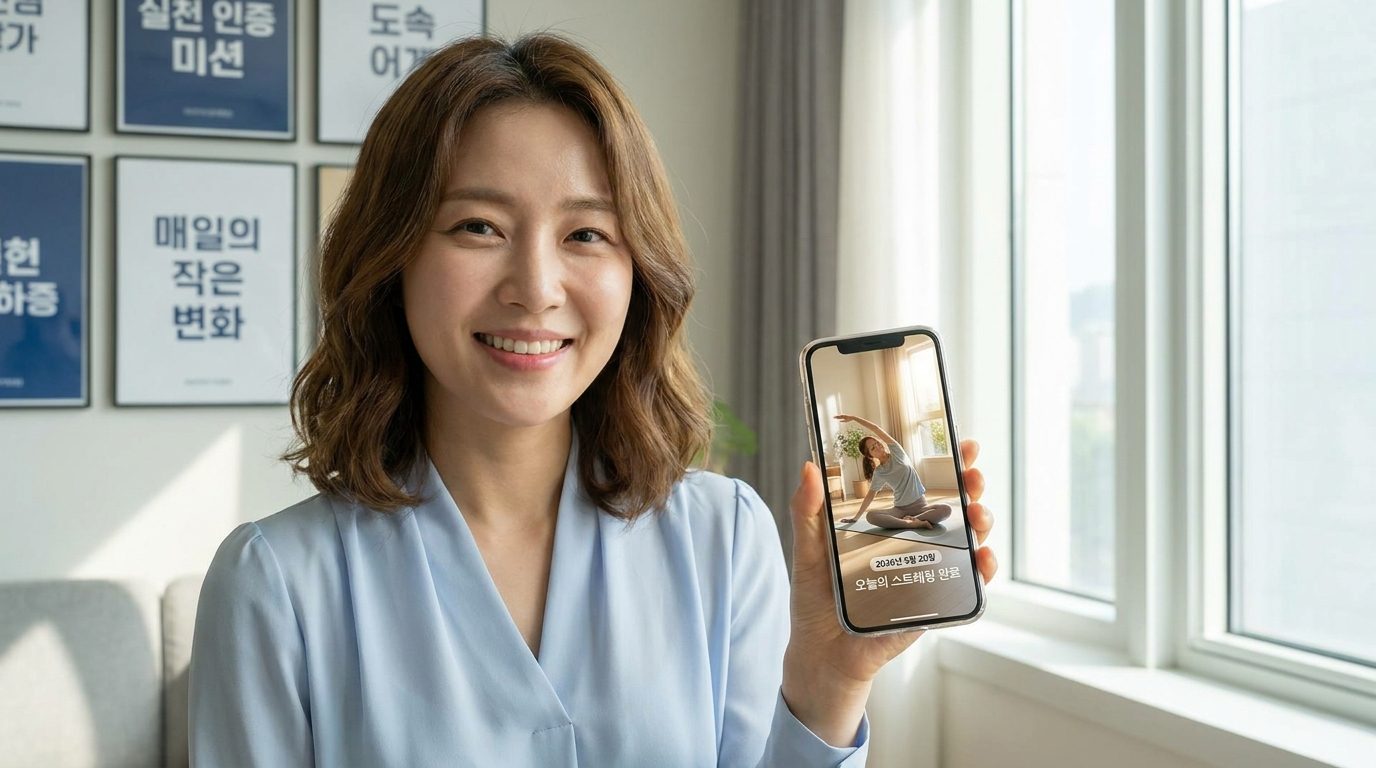 건강한 습관을 실천 인증하는 핸드폰을 들고 환하게 웃는 한국 여성