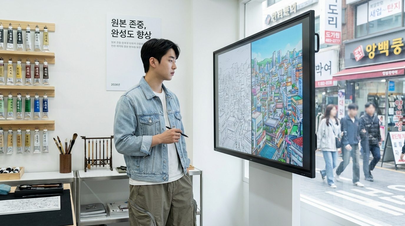 현대 스튜디오에서 두 가지 디노이즈 강도 결과물을 비교하는 한국인 남성 아티스트의 모습
