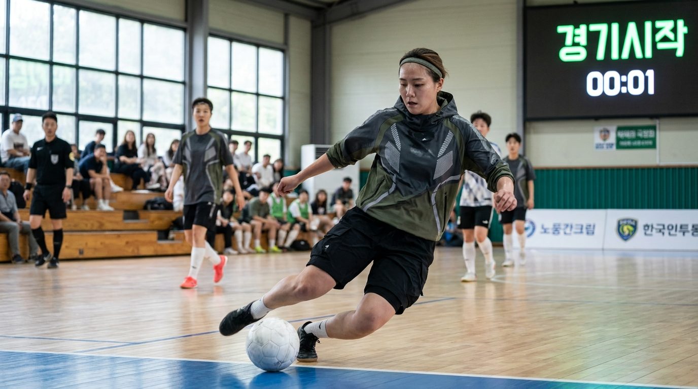 여자 풋살 반칙: 대한민국의 실내 풋살 경기장에서 여자 선수가 경기에 집중하며 공을 다루는 모습의 사진이다. 배경에 한국어 간판과 전광판이 보이며, 자연광 아래 현대적인 한국 스포츠 복장 차림이다.