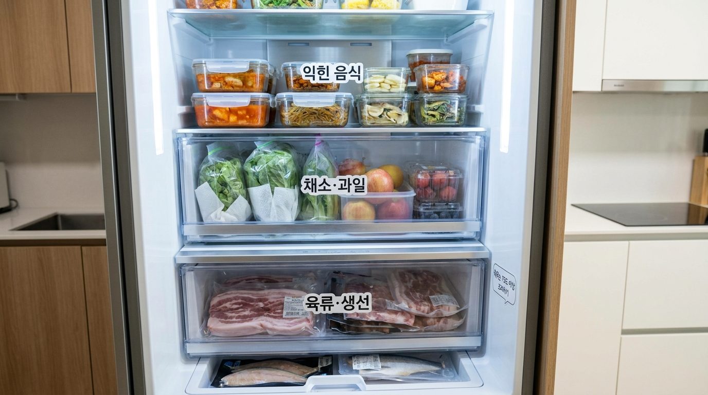 음식별 올바른 냉장 보관 방법을 보여주는 각 구역별 한글 라벨과 함께 정리된 냉장고 내부 모습