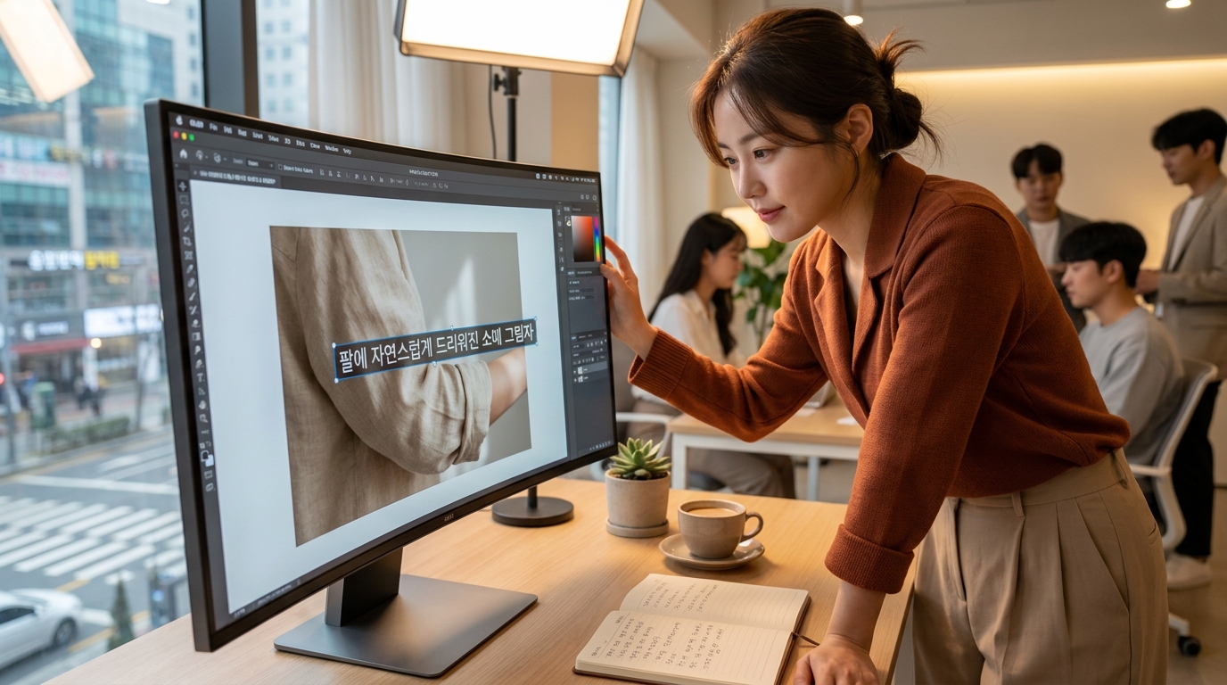 의류 그림자와 경계선 자연스러움을 확인하는 한국 패션 에디터의 스튜디오 작업 장면