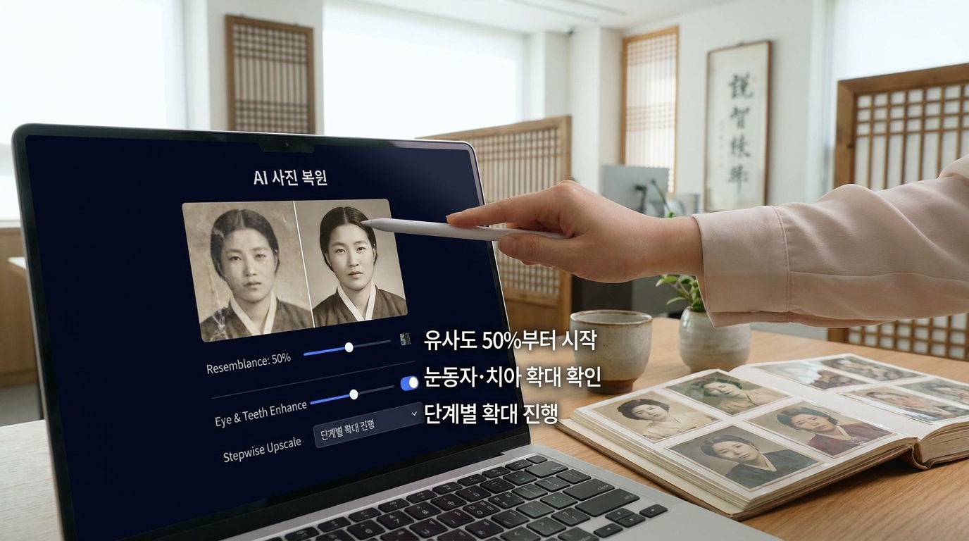 AI 업스케일링 설정을 조정하며 사진 복원 과정을 점검하는 현대적 한국 사무실 이미지