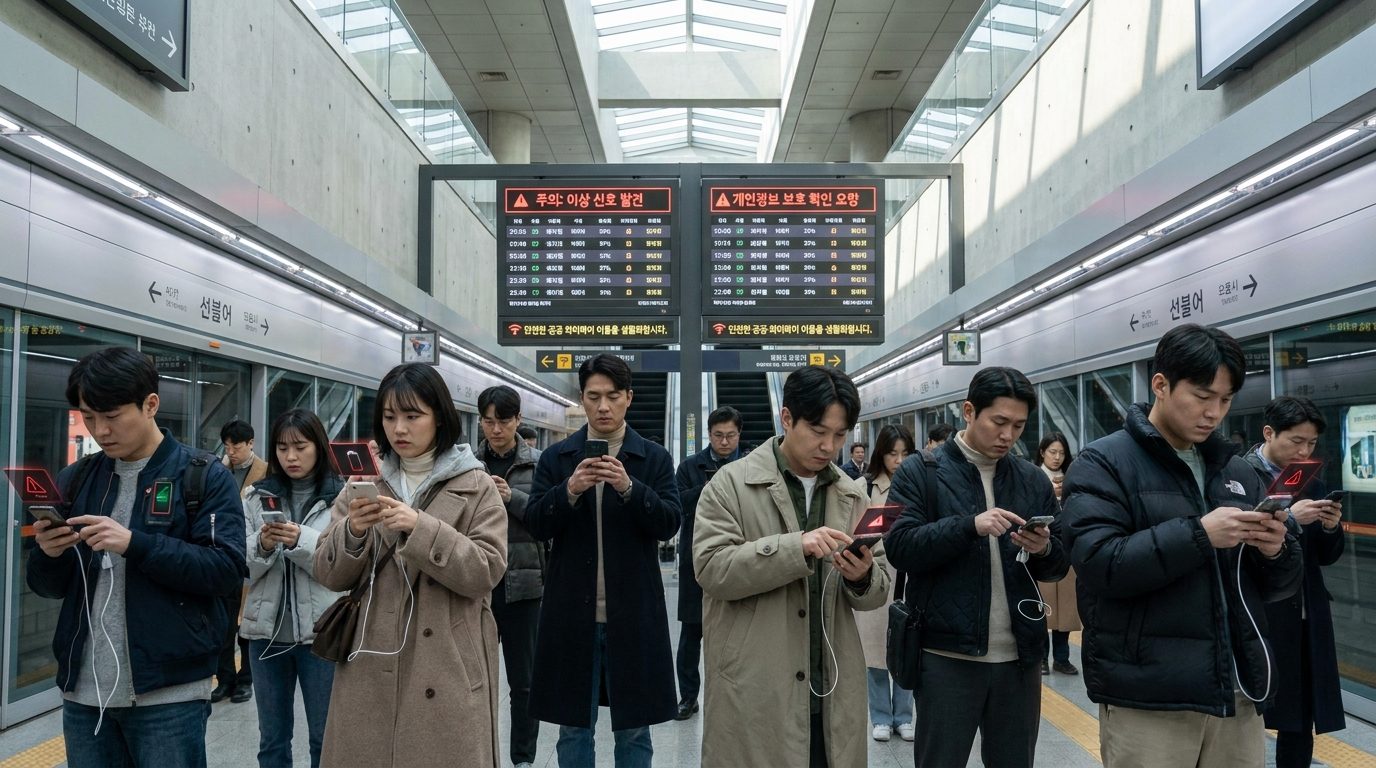 현대적인 한국 공항이나 지하철역에서 사람들이 이상 신호를 발견하고 Wi-Fi 연결을 해제하는 모습의 이미지