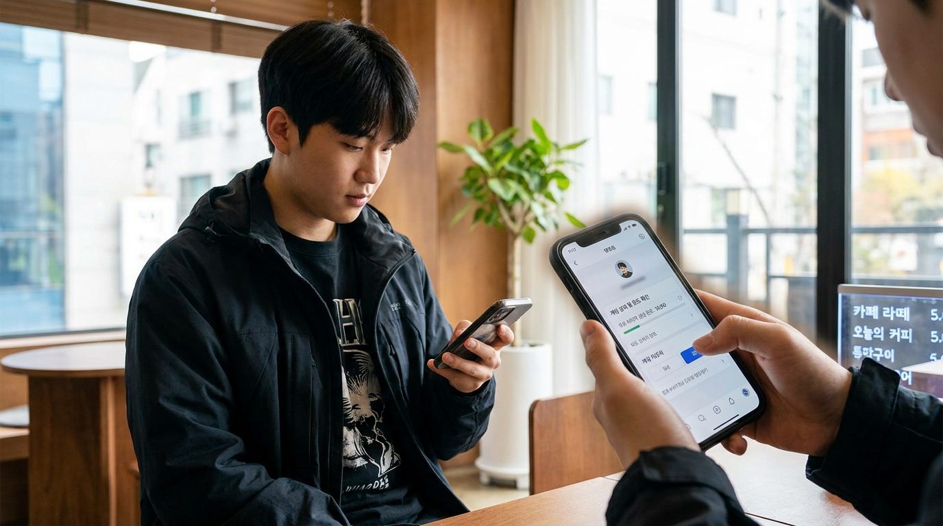 현대적인 한국 카페에서 스마트폰으로 계정 상태 및 한도 확인 화면을 보는 젊은 한국인, 따뜻한 조명과 나무 인테리어가 돋보이는 풍경
