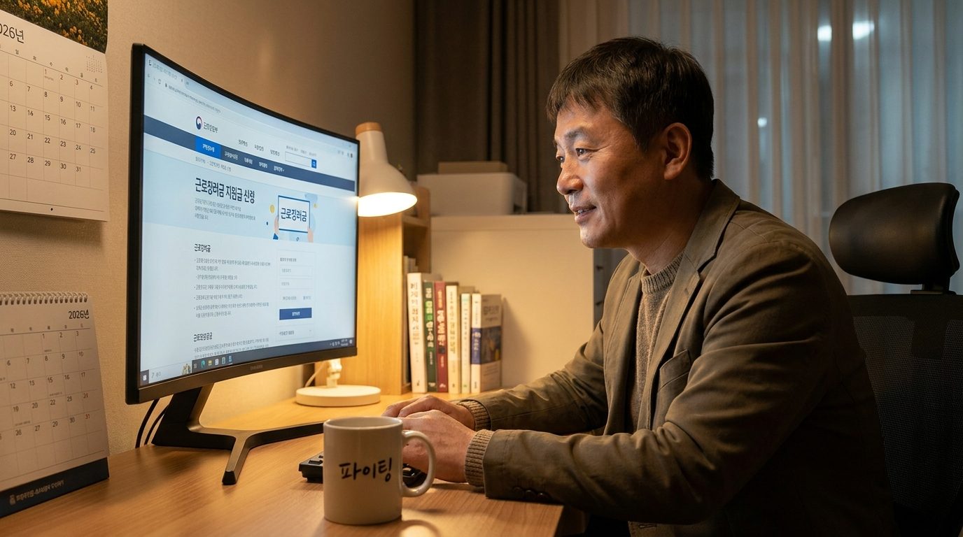 따뜻한 조명 아래 집에서 근로장려금 신청 화면을 보는 중년 한국인 부부 중 한 명의 모습