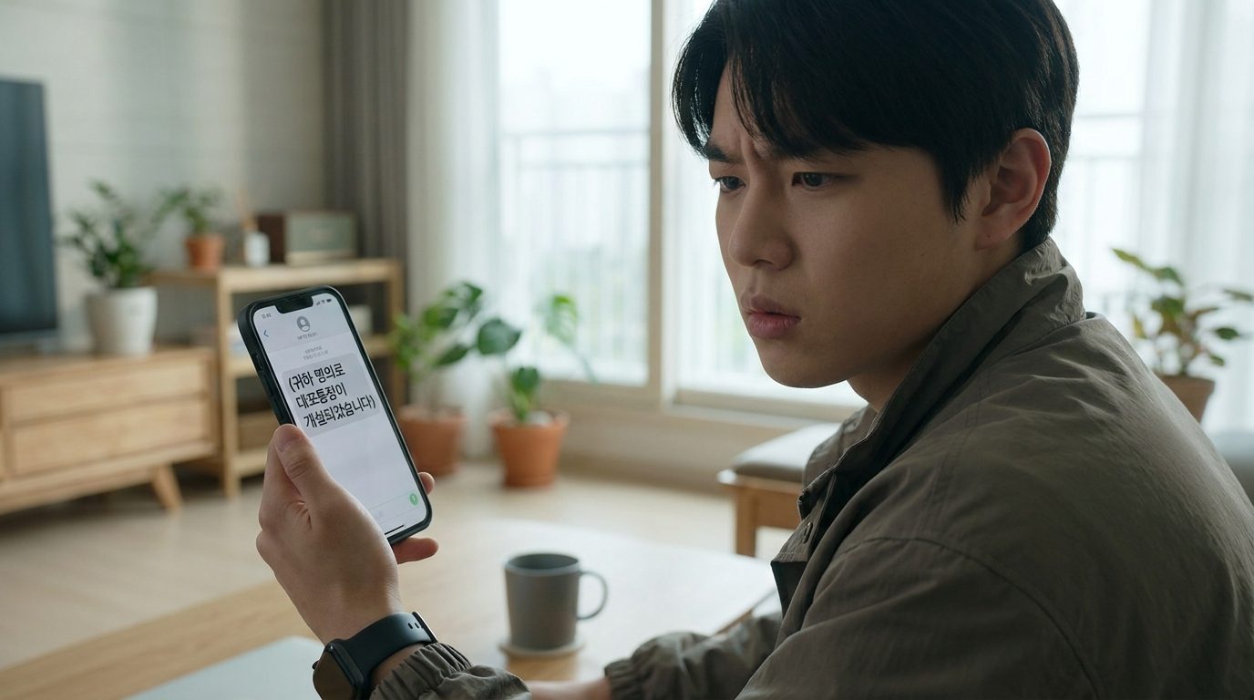 금융감독원 사칭 문자: 스마트폰 화면에 (귀하 명의로 대포통장이 개설되었습니다)라는 문자가 보이며 혼란스러워하는 한국인 청년의 클로즈업 사진