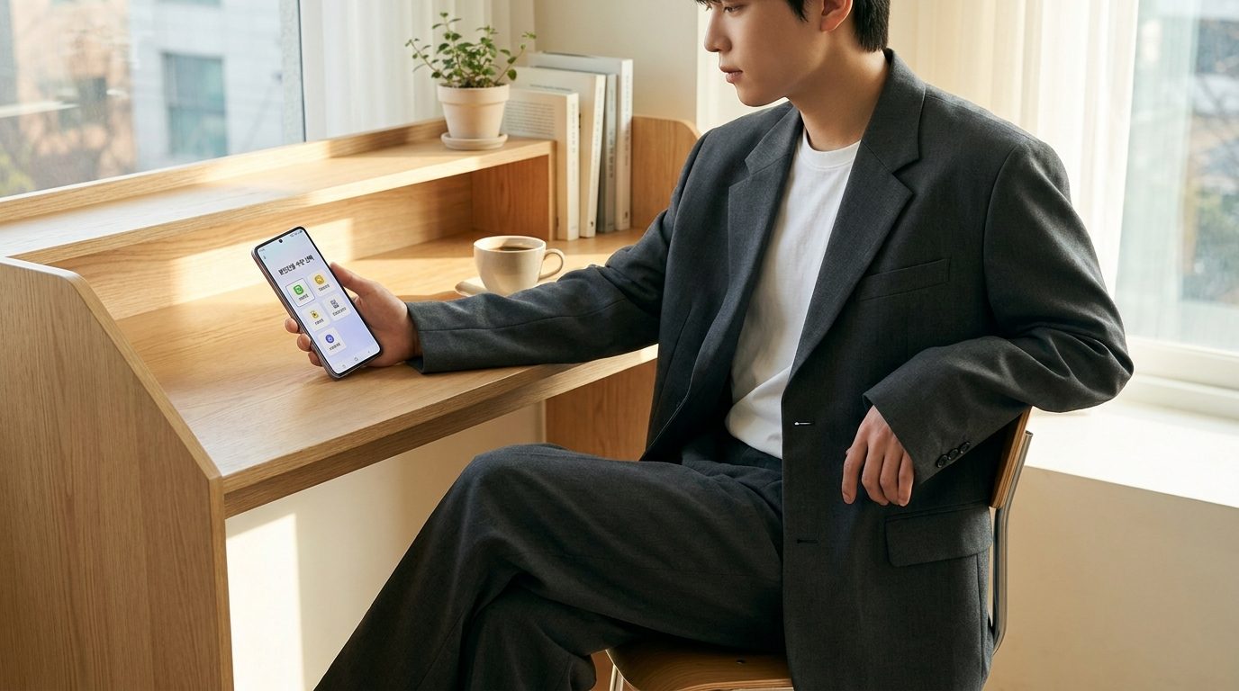 정부24 주민등록등본: 정부24에서 본인인증 수단을 선택하는 한국 청년의 모습을 보여주는 실사 이미지