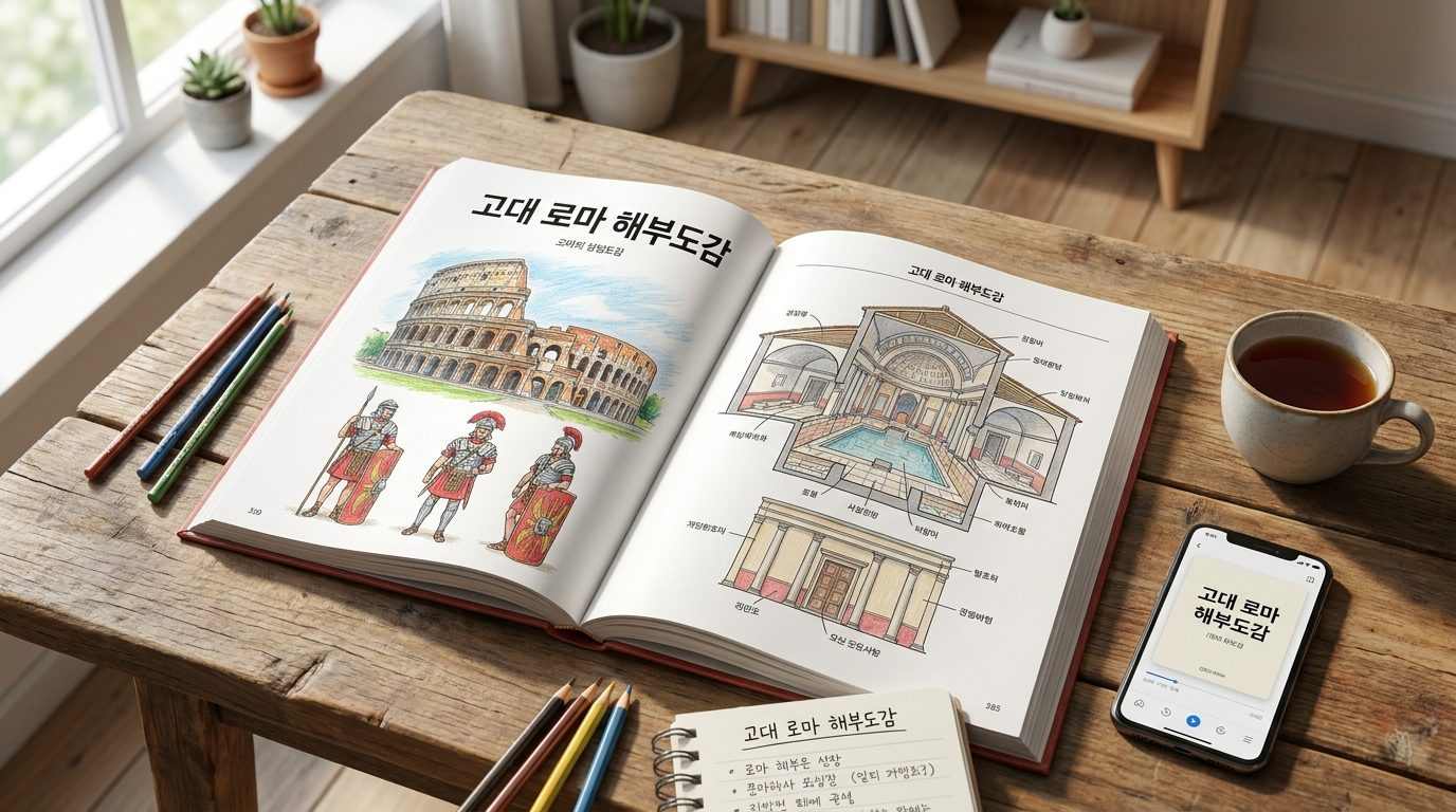로마 역사 책 추천: 로마 일러스트가 풍부한 안내서 책상 위에 펼쳐진 모습과 함께 한국어 노트와 스마트폰이 놓여있는 장면의 클로즈업.