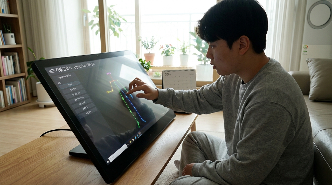 한국 젊은 사용자가 집에서 OpenPose 에디터를 사용해 직접 포즈를 만드는 모습의 실사 이미지