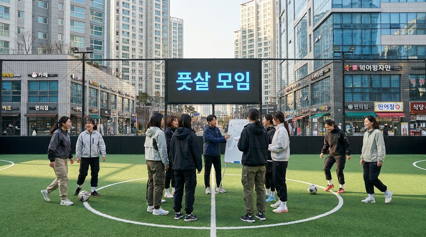 2026년 한국의 도시 배경에서 열린 여성 중심 풋살 모임 모습, 참가자들이 진지하게 운동을 하고 있다
