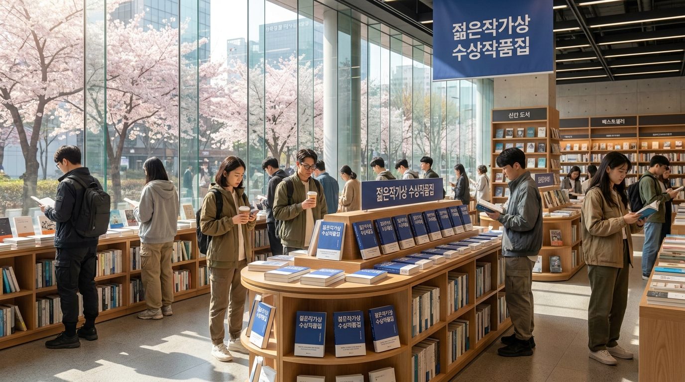 2026년 봄, 젊은작가상 수상작품집이 놓인 현대 한국 서점 내 신간 코너 모습