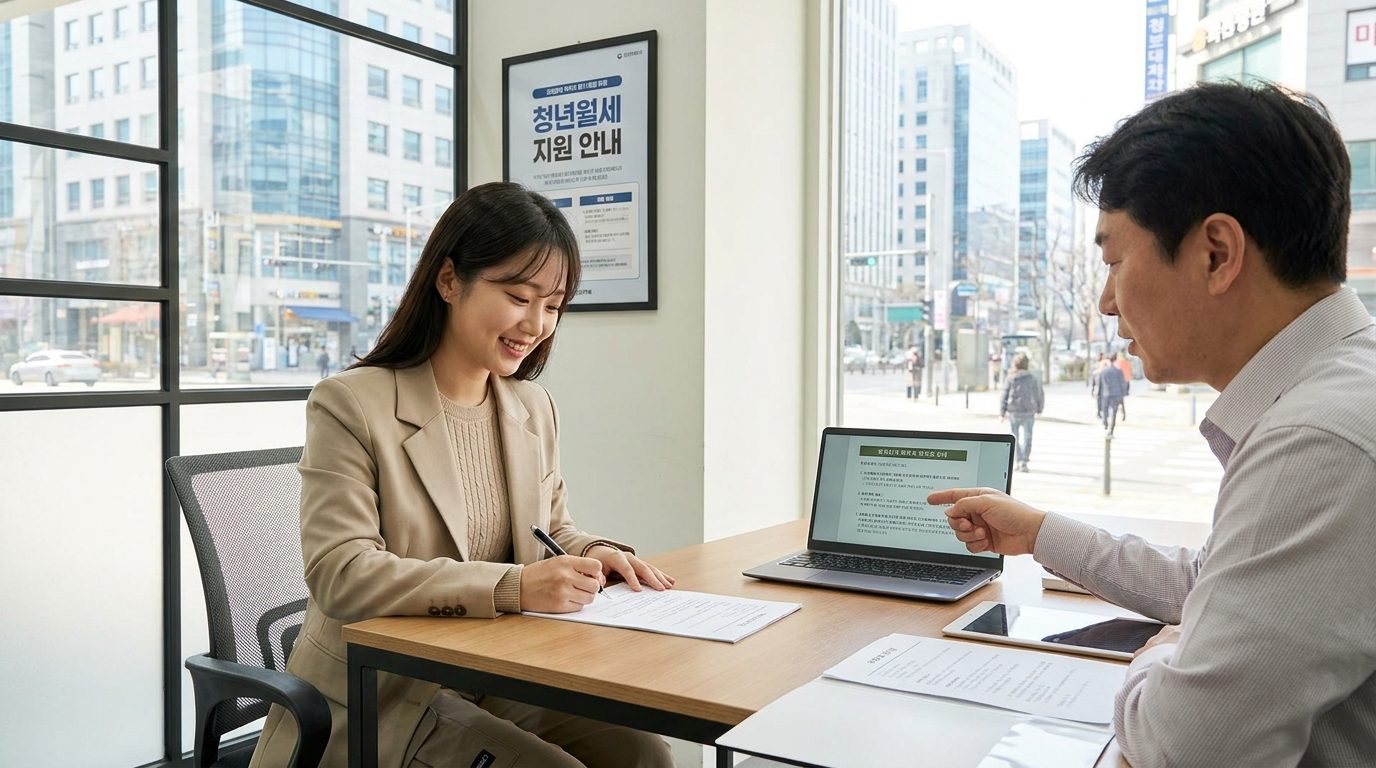 부동산 사무실에서 임대계약서에 서명하는 젊은 한국 세입자