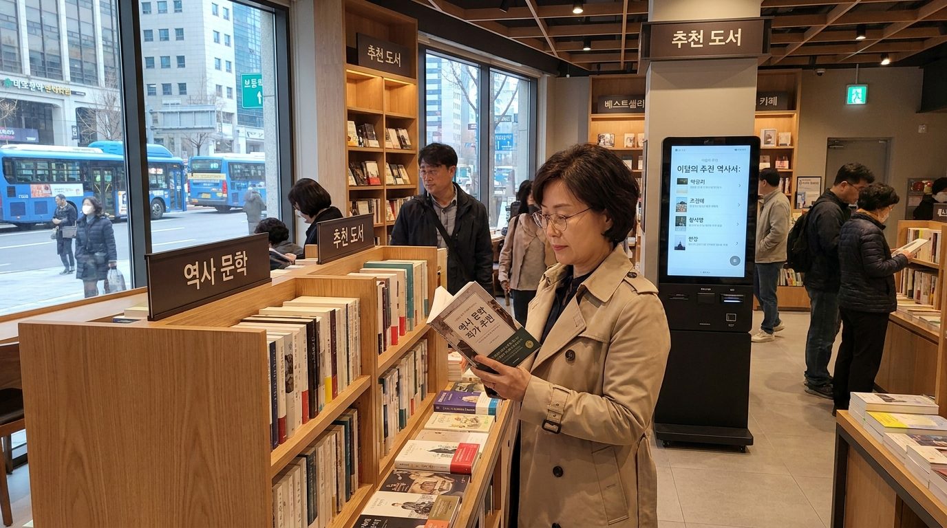 시오노 나나미 책 추천: 한국 서점 역사 문학 코너에서 책을 고르는 한국 여성 모습