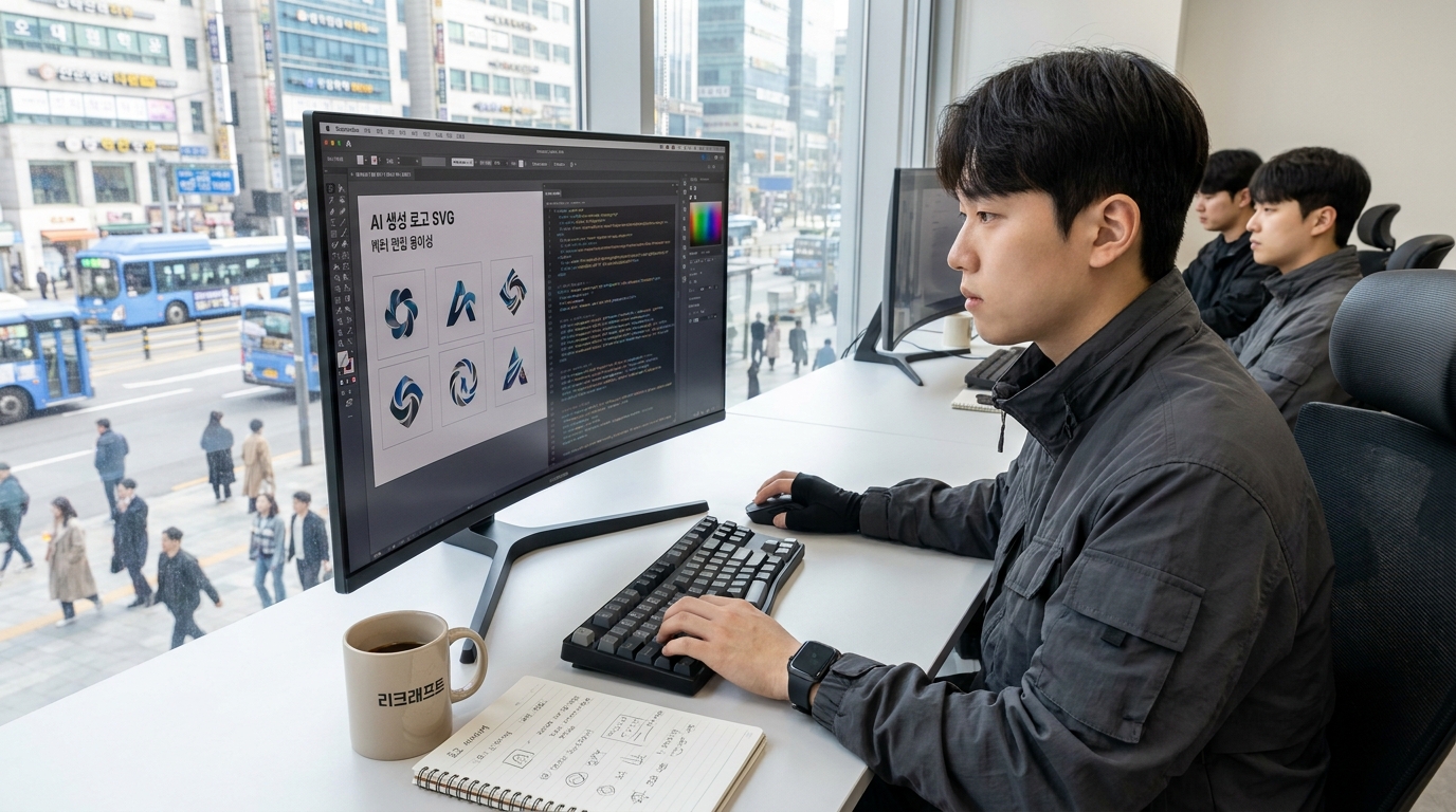 2026년 대한민국에서 AI로 벡터 로고를 작업하는 현대적인 디자이너의 작업 공간 모습