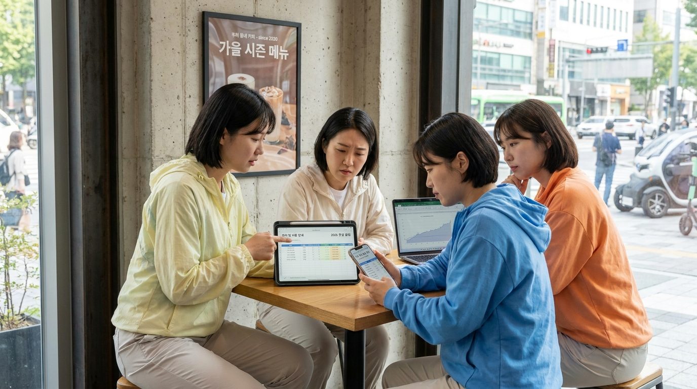 여성 풋살 동호회 가입: 현대적인 도심 카페에서 회비 정보를 스마트폰과 노트북으로 확인하는 한국 여성들