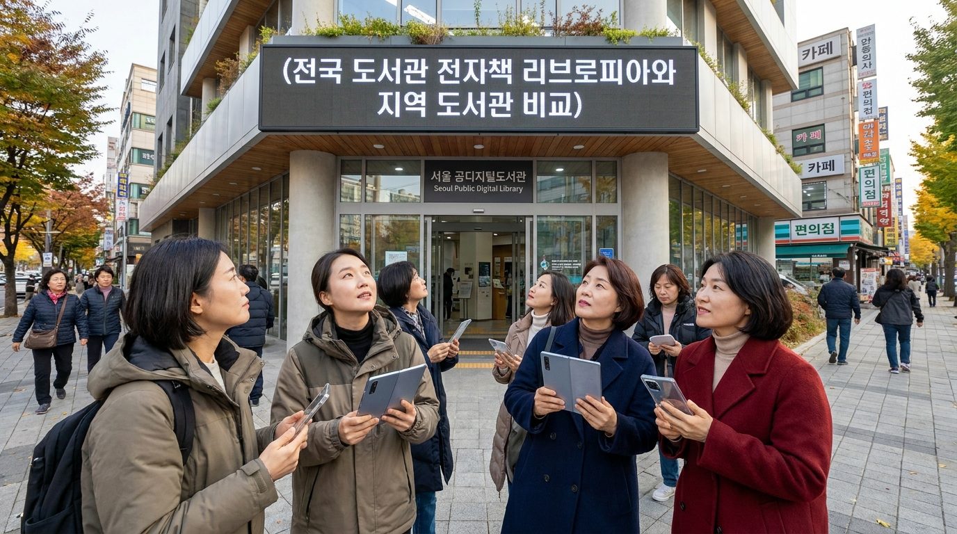 다채로운 현대적 의상 차림의 한국 여성들이 전자책 서비스 관련 안내가 있는 현대적 공공도서관 입구에 모여 있는 모습