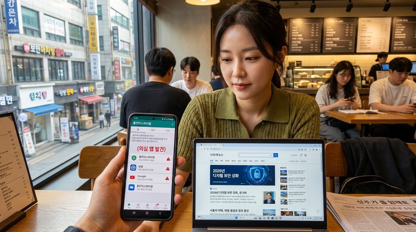 폴안티스파이 앱 검사 결과 의심 앱 목록을 확인하는 여성