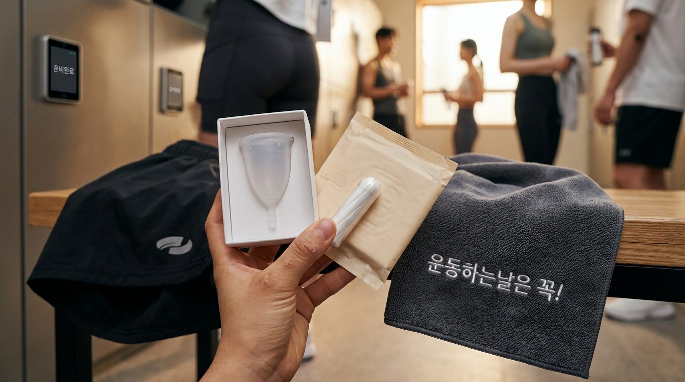 생리용품과 검정색 운동반바지가 클로즈업 된 모습