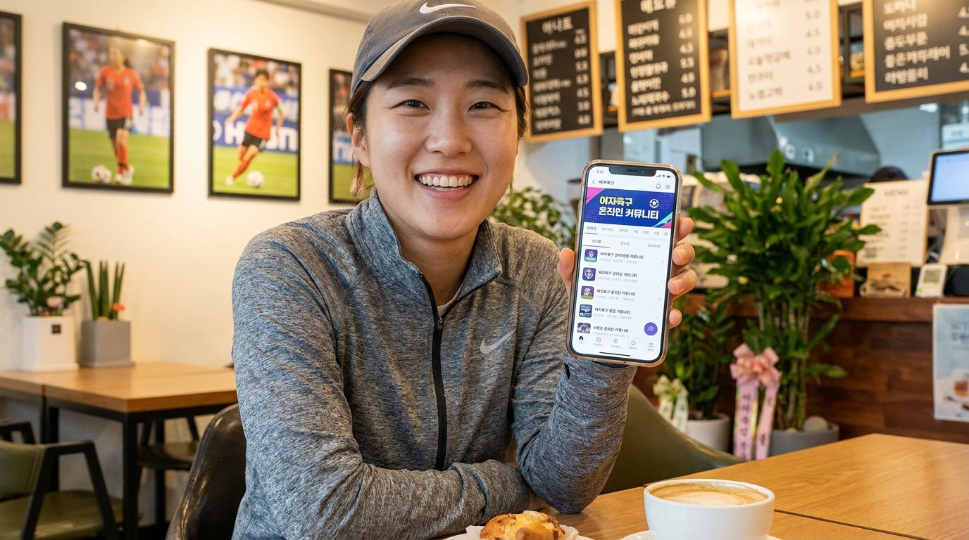 카페에서 스마트폰으로 여자축구 온라인 커뮤니티에 접속하는 여성의 모습