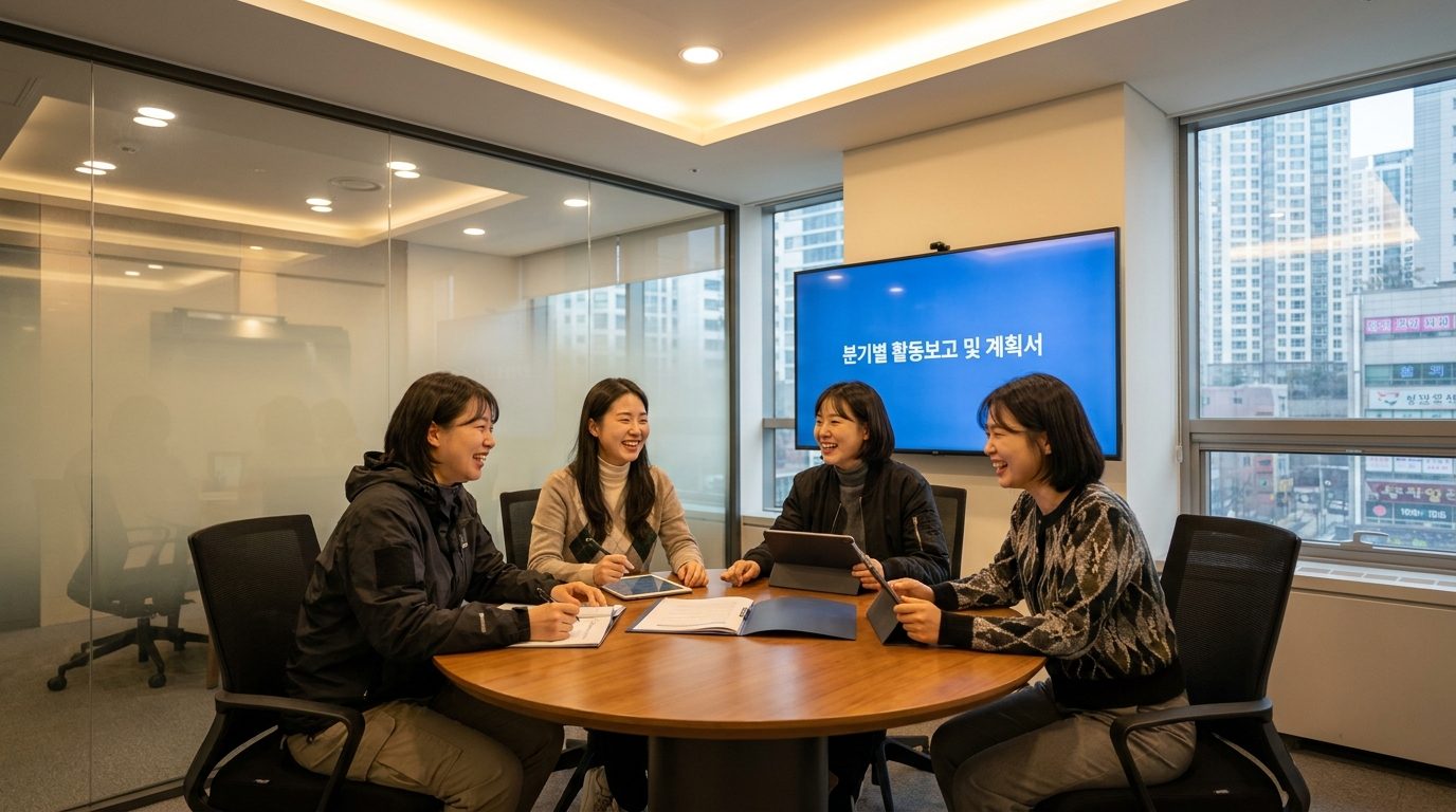 사내 독서모임을 운영하는 한국 여성들이 분기별 활동보고서와 다음 모임 계획서를 검토하는 모습
