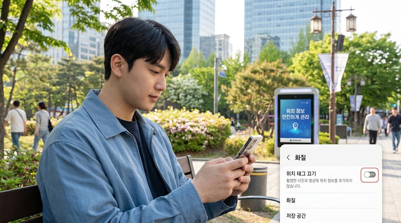 스마트폰 카메라 앱에서 위치 태그 기능 끄는 화면, 젊은 한국 남성과 도시 공원 배경