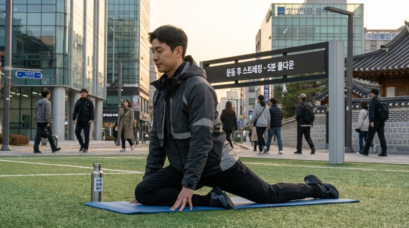 풋살 경기 후 쿨다운 스트레칭 중인 한국인 남성의 야외 실사 이미지