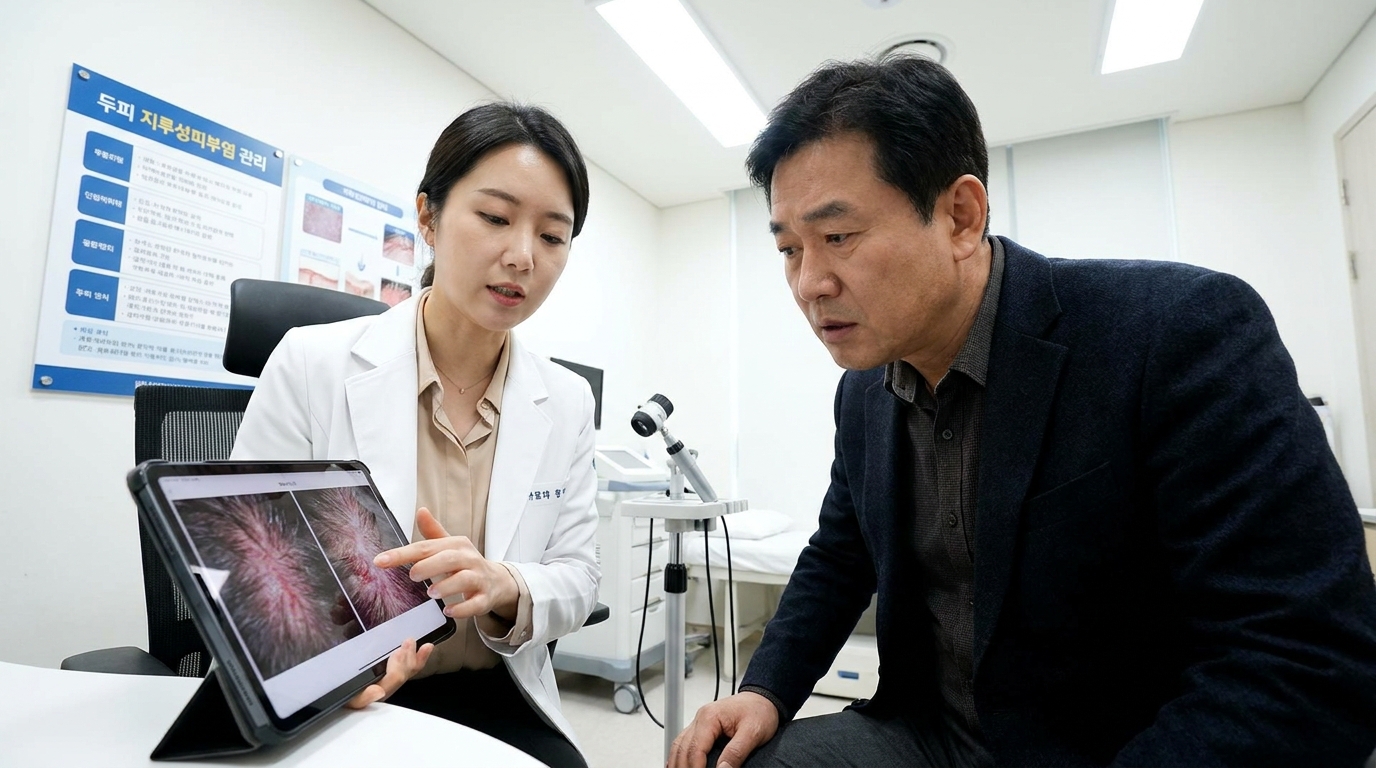 한국 전문 피부과에서 두피 지루성피부염 진료를 받는 중년 남성의 모습