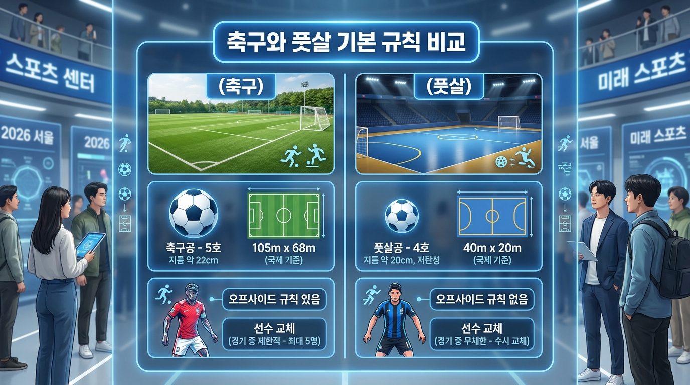 축구와 풋살의 기본 규칙을 비교하는 현대적이며 깔끔한 한국어 인포그래픽 이미지, 경기장과 공의 크기, 오프사이드 및 교체 규칙 차이를 설명한다.