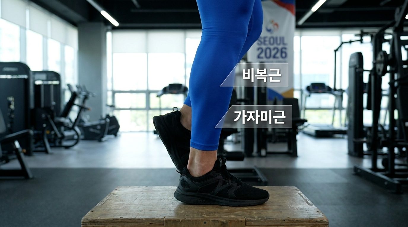 운동 중인 한국인의 종아리 아래쪽 근육 비복근과 가자미근 위치를 클로즈업한 사진, 한국어 텍스트로 근육명이 표시되어있다.
