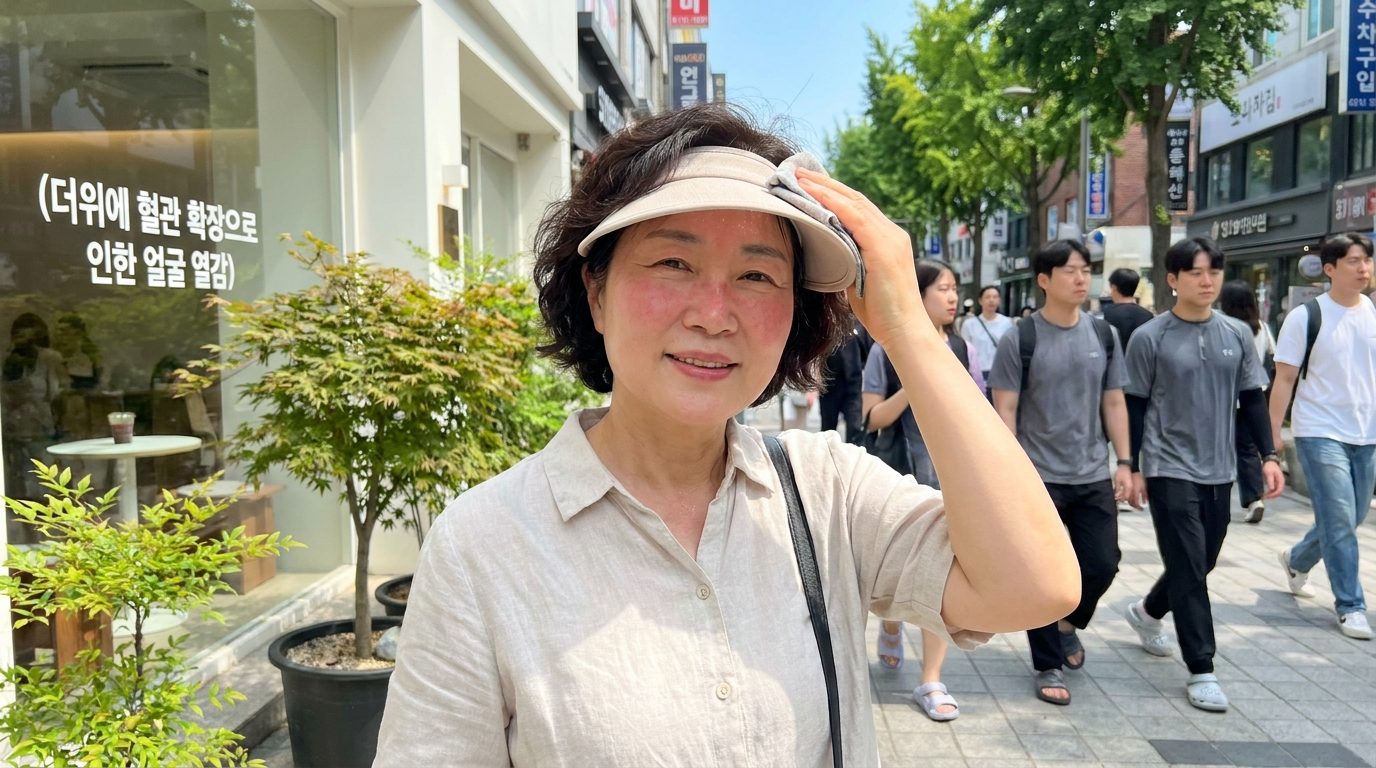 얼굴 화끈거림, 무더운 여름날 자연스럽게 얼굴이 붉어지는 40대 한국 여성의 모습, 현대적인 한국 도시 거리 배경과 함께 얼굴 혈관 확장으로 인한 열감 표현